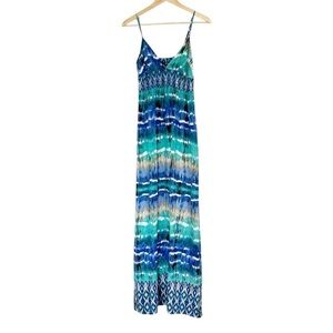 Aqua Tie Dye Colorful Tropical Spaghetti strap flowy vacation maxi dress smocked